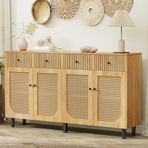 Sideboard Buffet Cabinet with Storage 63 Large Boho Rattan Sideboards with 4 Drawers 4 Doors Accent Credenza Storage Cabinet for Living Room Entryway Hallway Natural