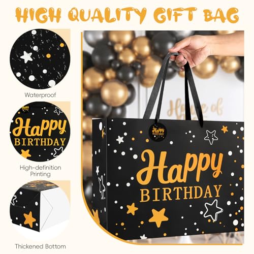 Image of JMANNI Large Happy Birthday Gift Bag with Tissue Papers and Greeting Card,Portable Paper Gift Bags with Handles,Present Bags for Women Men Birthday Party Supplies 13 inch x10.2 inchx4.7 inch(Black Starry Sky)