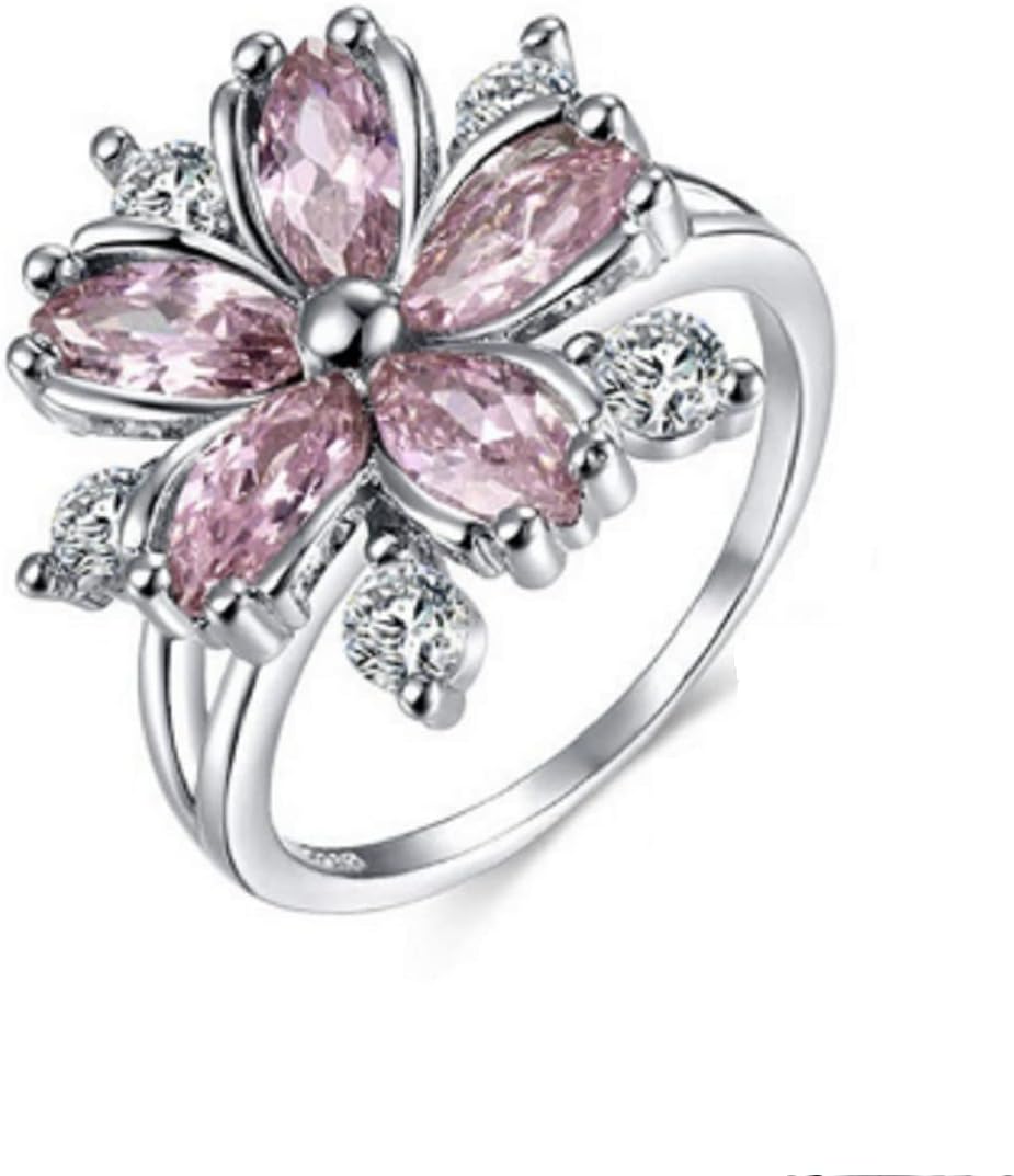 Awmnjtmgpw 925 Sterling Silver Romantic Flower Zircon Ring Fashion Pink Diamond Set Cherry Blossom Ring Women's Fashion Wedding Engagement Ring Size 6-10 (Size 9)