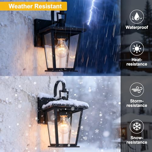 Image of Kalium Outdoor Wall Lantern 2 Pack, Waterproof Exterior Wall Mount Light with Clear Glass in Black Finish, Porch Outside Lighting for Entryway, Backyard, Patio, E26 Base, Clear Glass 12.5 in
