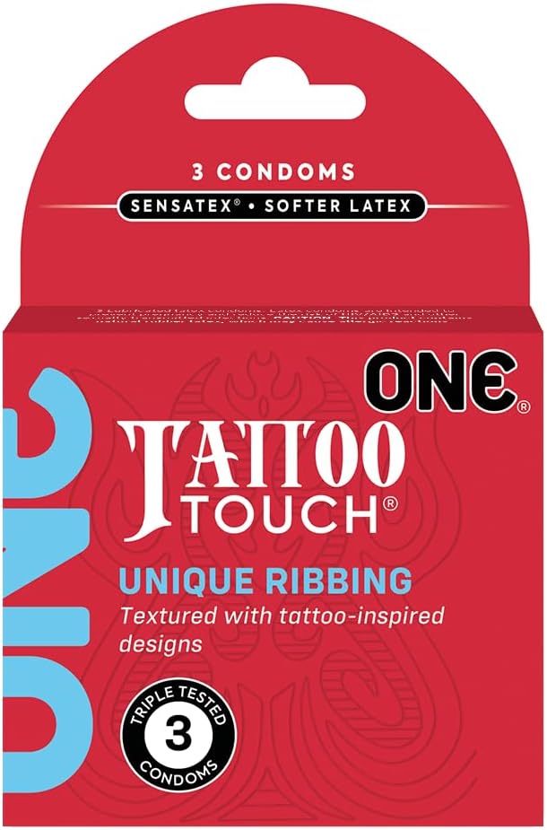 ONE Tattoo Touch Artistic Textured Latex Condoms with Silver Pocket Case, 3 Count