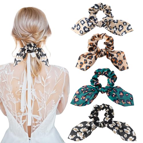 Mabor 4 Stück Haargummi mit Langer Schleife，Elastisches Scrunchies Satin Haargummi Leopardenmuster Haargummis Damen Langes Haar Accessoire Weiche Haarschmuck für Damen und Mädchen