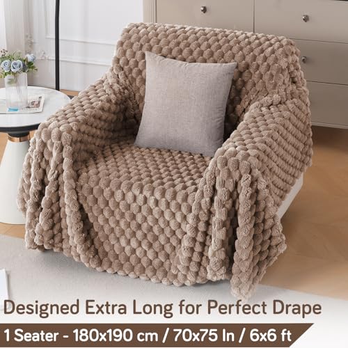 Image of HOKIPO Luxury Premium Rabbit Wool Plush Sofa Throw, Fluffy Sofa Cover for 1 Seater Sofa, 180(D) x 190(L) cm, 'BunnySoft Series' Canvas Brown (AR-5073-BRN)