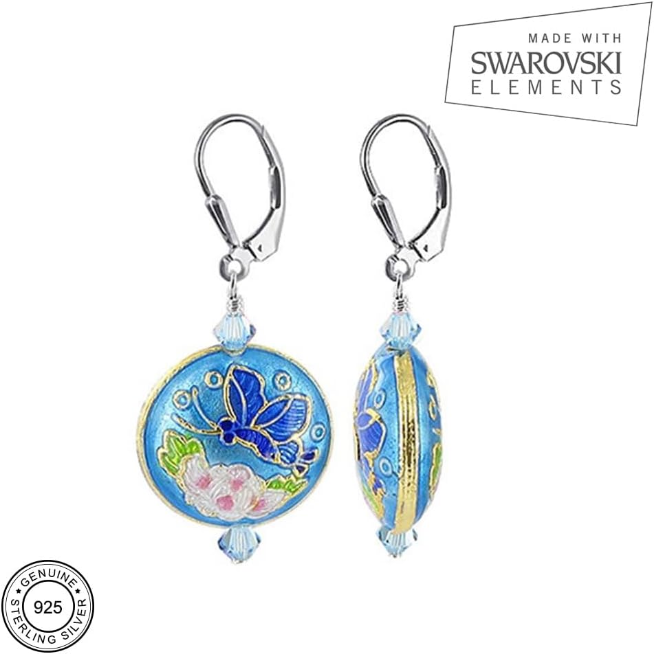 .925 Silver Drop Earrings with Floral Cloisonne Bead and Austrian Crystals