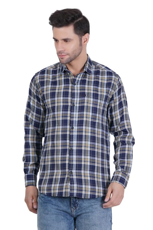 Image of RUE HANDMADE Men's Slim Fit Cotton Shirt - Trendy Blue Checkered Design | Casual & Formal | Full Sleeve, Spread Collar | Perfect Designer Style