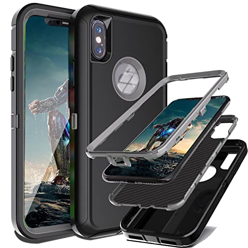 YmhxcY for iPhone X/iPhone XS Case Shockproof Dropproof Dust-Proof Drop Proof 3-Layer Durable Phone Case Heavy Duty Protection Phone Case Cover for Apple iPhone X/XS 5.8 inch-Black/Grey