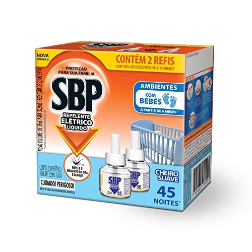 Repelente Elétrico Líquido SBP 45 Noites Cheiro Suave com 2 unidades de 32.9ml Repelente Elétrico Líquido SBP 45 Noites Cheiro Suave com 2 unidades de 32.9ml