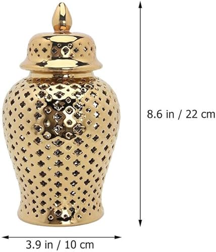 Miniatura 4 de Tarro de jengibre de cerámica con tapa celosía decorativo Temple Jar Cut Out Jarrón de cerámica para sala de estar y decoración de cocina dorado