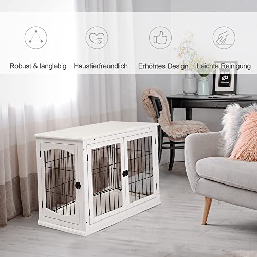 PawHut Hundekäfig Möbel mit 2 Eingängen Moderne MDF Hundebox für Zuhause Indoor Hundehütte für mittelgroße und kleine Hunde bis zu 20 kg Hundehaus 58,5x81x66 cm Weiß