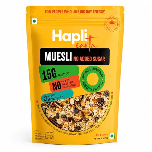 Image of Hapli Earth 6 Millet Muesli No Added Sugar | 15g Protein, High Fibre | Healthy Breakfast Cereal with Rolled Oats, Almonds, Black Raisins & 4 Seeds | No Palm Oil, No Preservatives | 250g