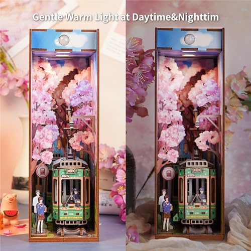Image of Tonecheer DIY Book Nook Kit for Adults,3D Wooden Puzzle Bookend Bookshelf Insert Library Decor, Booknook Miniature House Kit with Body Motion Sensor LED Light (Sakura's Travel)