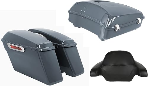 PEGSTREAMLINER Gunship - Baúl gris picado con respaldo y bolsas de sillín rígidas para Harley Touring Road King 2014 y posteriores, Road Glide,