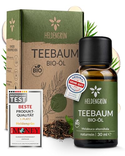 Heldengrün® BIO Teebaumöl [100% NATURREIN] Natürliche Haut- und Gesichtspflege - Tee Tree Oil - Teebaumöl Pickel unterstützt bei Unreinheiten