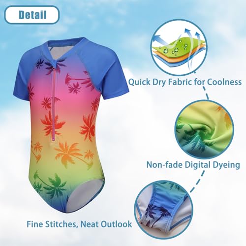 Image of Girls One Piece Rash Guard Swimsuits for Kids Girls Short Sleeve Bathing Suits with Front Zipper Swimwear 3-16 Years