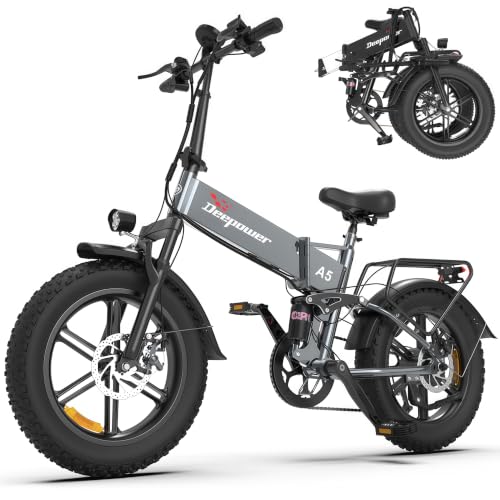 DEEPOWER Bicicleta Eléctrica Plegable para Adultos, Batería Extraíble 48V 15.6Ah, Autonomía hasta 110 km, Motor de 85 N·m, Neumáticos Fat 20' x4,0, 7 Velocidades, Suspensión Completa (Gris)