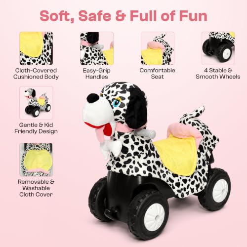 Image of Toyzone Little Soft Dog Ride on | Cloth-Covered Ride On Toy with Wheels | Back Support | Indoor & Outdoor Ride-On for Toddlers 1-4 Years