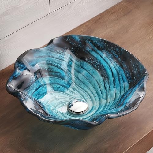 ZYCDP Lavabo de Vidrio Lavamanos Templado 450 X 450 X 155 mm Sin Orificio Para Grifo Azul