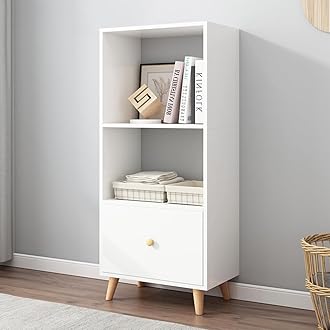 IOTXY Open Shelf Cube Bookcase - 47" Tall Mid-Century Large Bookshelf with Drawer and Deepen Display Storage Cabinet for Home Office, White