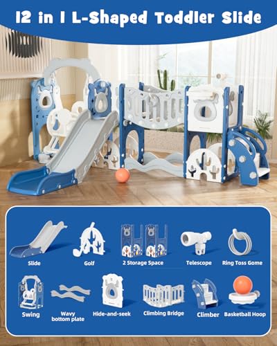 Image of XJD 12-in-1 Toddler Slide and Swing Set, Kids Slide for Toddlers Age 1+, Toddler Outdoor Playset New Upgrade with Golf Set, Basketball Hoop, Drawing Board for Playground (Blue)