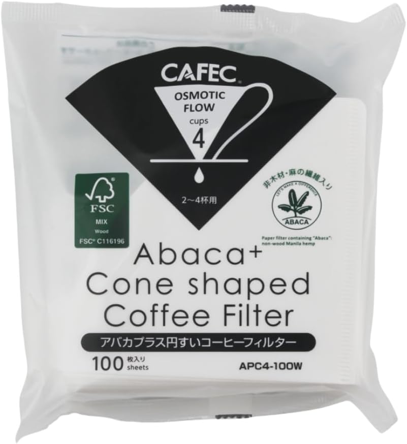 CAFEC Abaca+ 100-Pack Cone-shaped V60 02 1 to 4 Cup Disposable Pour-Over Drip Coffee Paper Filter made of Eco-Friendly Refined Virgin Pulp for Better Tasting Brewing Pour Over Dripper APC4-100W