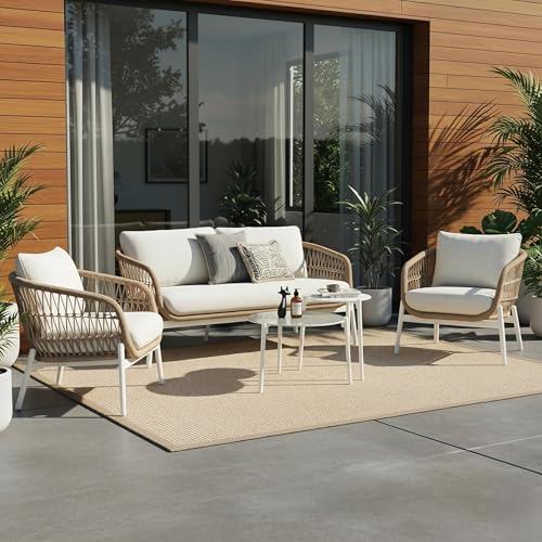 Image of LOCCUS Outdoor 4-Seater Rope Sofa Set with All-Weather Water-Resistant Cushions & Glass Top Round Coffee Table - Patio Conversation Furniture for Garden, Balcony & Poolside (Beige & Off-White)