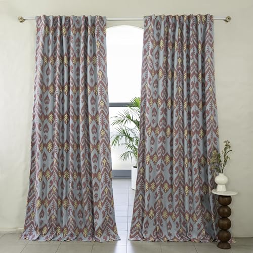 Image of Tranquebar Curtain Co. 100% Blackout Curtains, Complete Darkening Lining (Polyester), Blue-Pink Chevron Print, Cotton Blackout Curtains 5 Feet for Window, BackTabs, Ikat (152 cm) - Set of 2