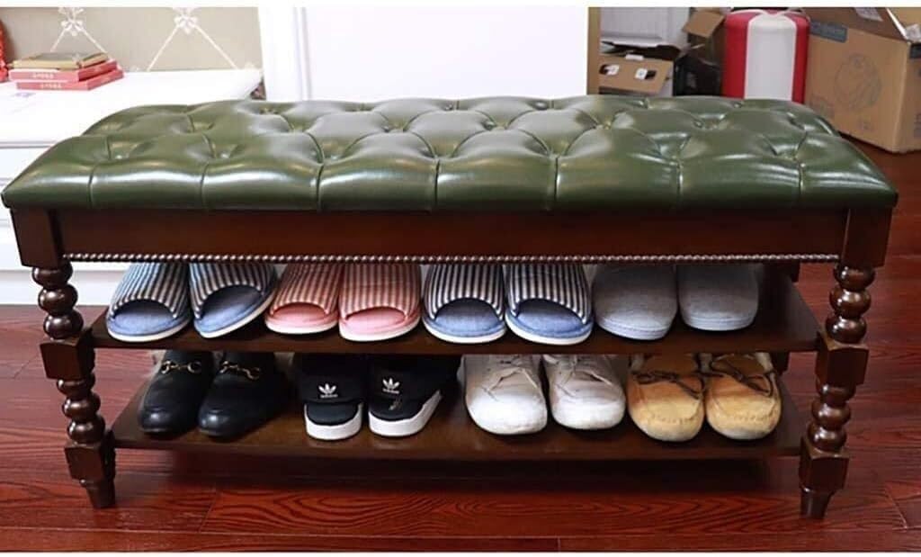 Shoe Storage Stool with Clamshell Design, Oak Shoe Rack Bench, Versatile Entryway Storage