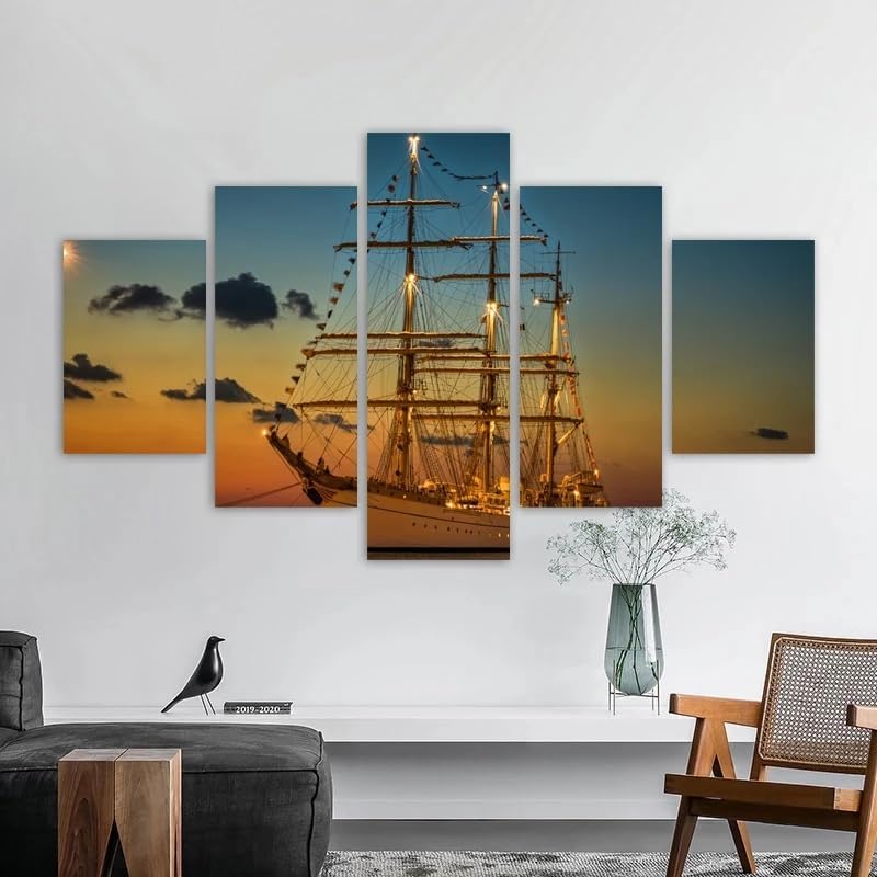 Tableau moderne coucher de soleil : peinture 5 panneaux voilier pour salon