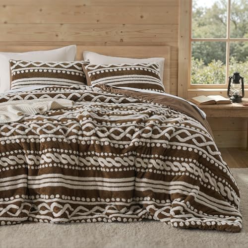 Image of Wonderful Tufted Boho Comforter Queen, 3 Piece Flanel Fair Isle Geometric Jacquard Lightweight Comforter with Washed Brushed Backing, Skin-Friendly Rustic Plush Blanket for All Season, Brown, 90 inchx90 inch