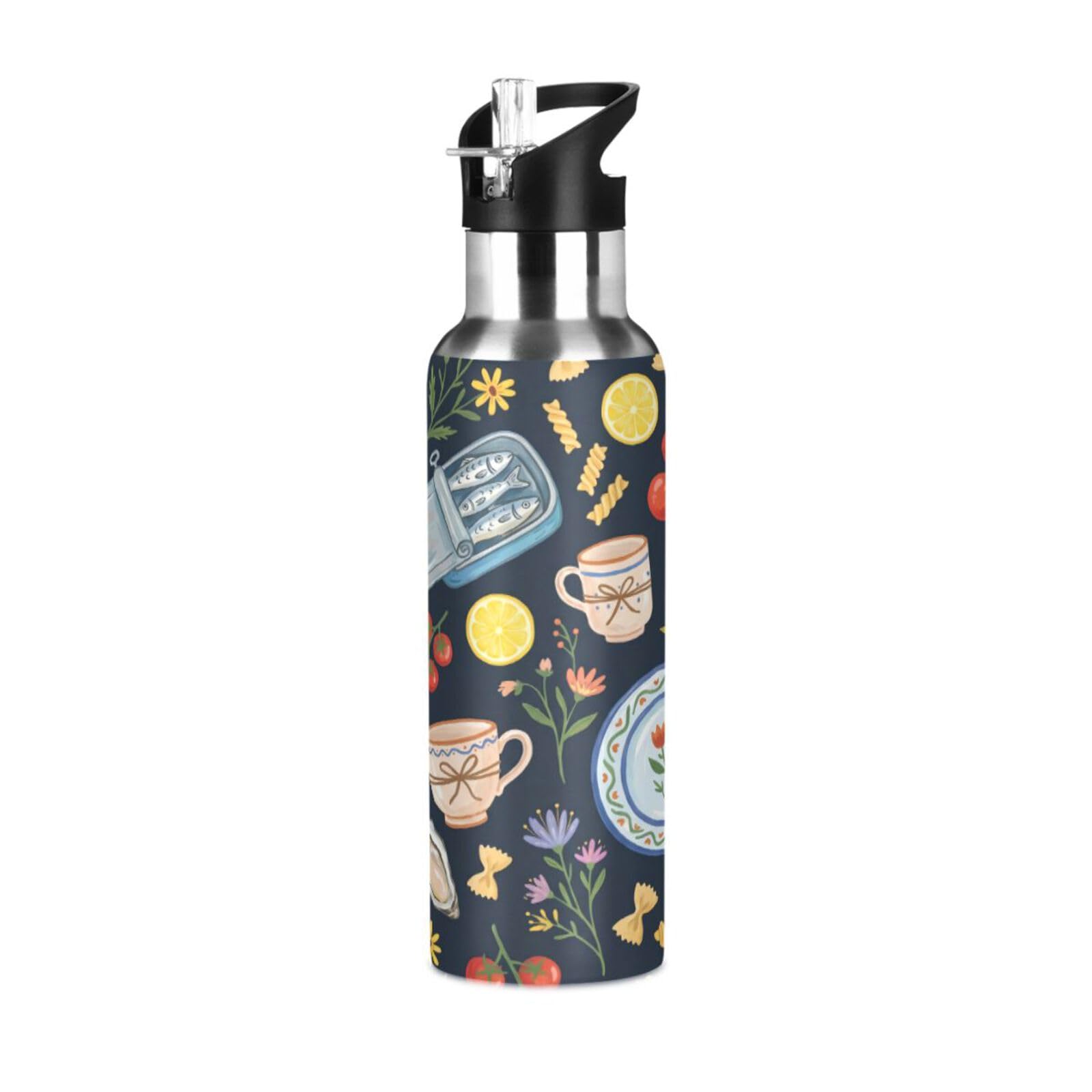 BOESI Food Pattern Insulated Water Bottle 600ml, Stainless Steel Vacuum Sports Bottle with Straw, Leak Proof Thermal Bottle for Gym Travel Outdoor