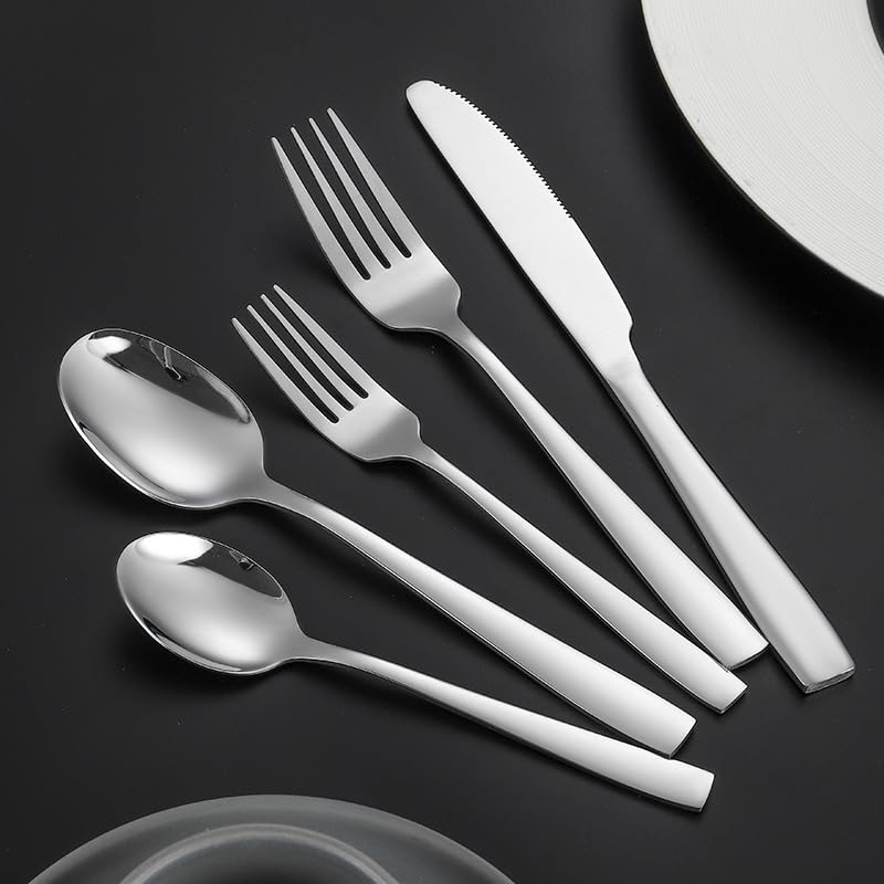 Ensemble de Couverts, 5/20/30/40/50/60 pièces, Couteau, Fourchette et cuillère en Acier Inoxydable – Manche carré, Service de Table 5 pièces Finition Miroir, Argent – Ensemble de 50 pièces p