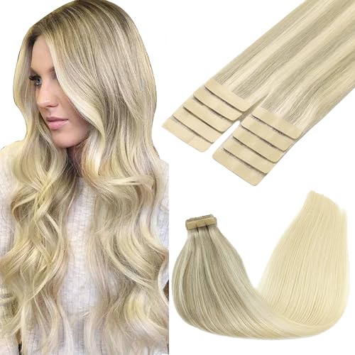 GOO GOO Tape in Hair Extensions menselijk haar, tape Hair Extensions, 24inch 30g 10st, Human Hair Extensions,17/22/60 asblond tot goudblond en platinablond