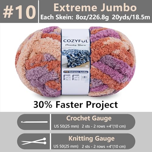 Image of Cozyful Chunky Yarn for Hand Knitting - #10 Chunky Chenille Blanket Yarn, Jumbo Big Thick Chunky Yarns for Crocheting, Tie Dye Bulky Knit Yarns, 8 Skein (20 yds 8 oz Each Skein), Purple & Orange