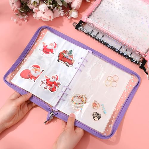 Image of Feifeiya 3 Pack 3 in 1 Sticker Storage Organizer Binder A5 Reusable Sticker Collecting Book Album Holder with Zipper Cards Keeper with 140 Pockets(Pink Black Purple)