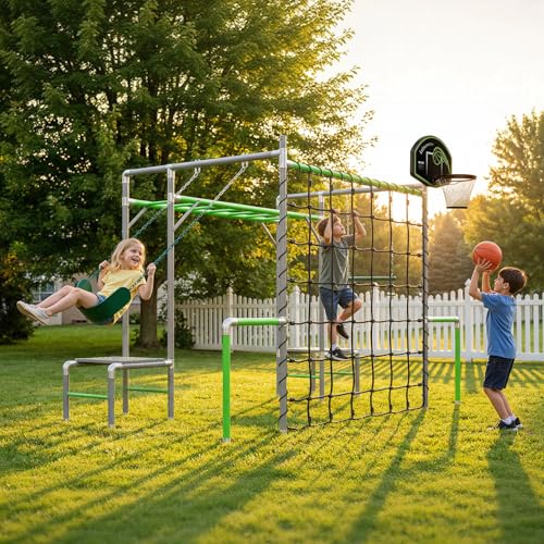LeisureStar Outdoor Jungle Gym 7-in-1 with Climbing Net, Basketball Hoop,