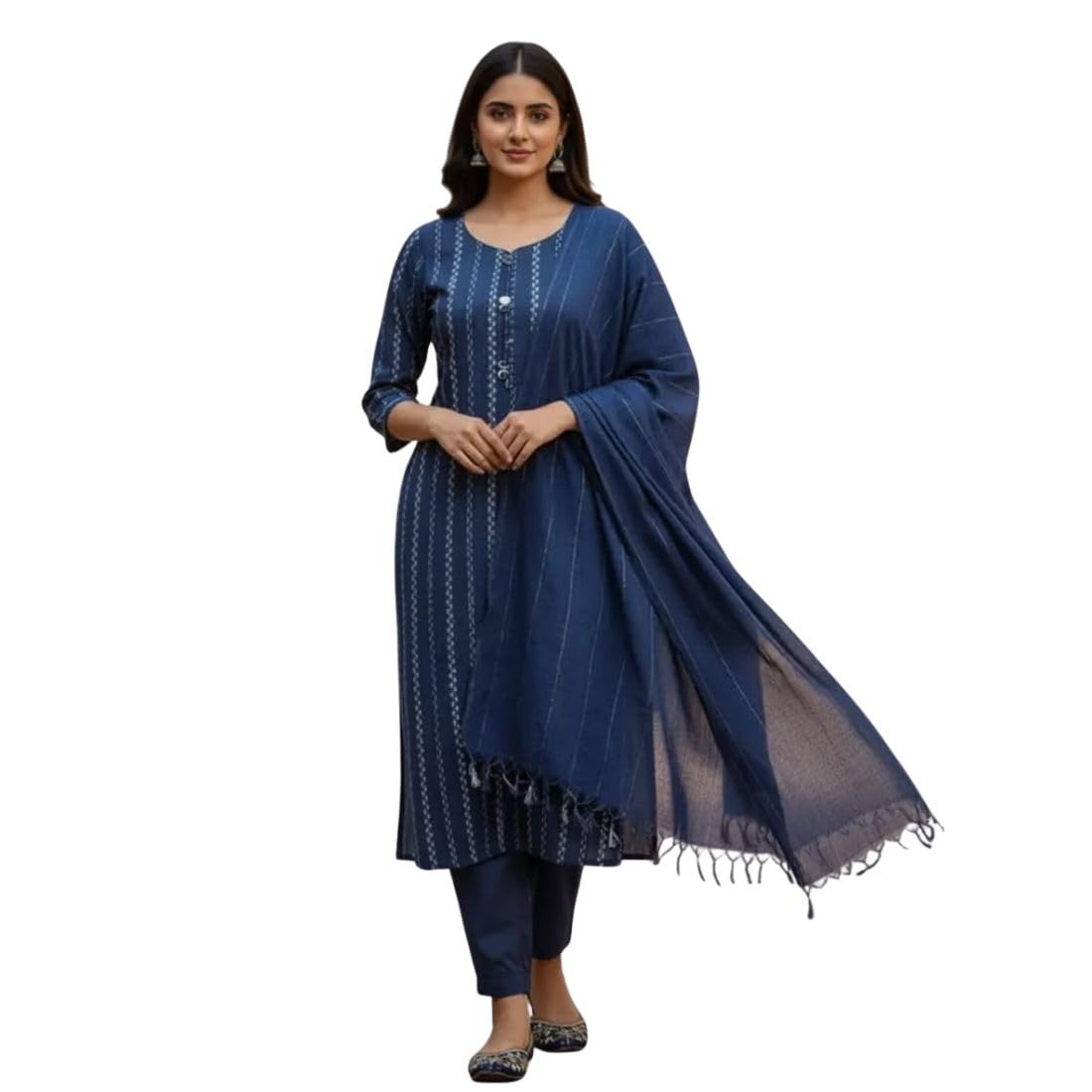 S S TEXTILES Women Cotton Kurta Pant Set with Dupatta | Straight Printed Kurti with 3/4 Sleeves | Ethnic Wear for Daily, Office & Festive (Navy Blue)-picture-52