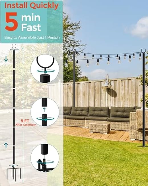 LAND¡¤VOI 4 Pack String Light Poles, 9FT Heavy Duty Metal Light Poles for Outside String Lights, Outdoor Light Poles with 5 Prong Fork, Light Pole Stand for Patio, Backyard, Garden, Deck, Black FLP14B