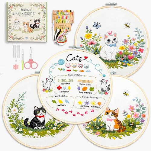 Peonfly Cat Embroidery Kit for Beginners 4 Pack Stamped Embroidery Starter Kit with 4 Hoops 9 Stitch Types Practice Sampler Animal Floral Wall Hanging Decor Mothers Day Birthday Gift (Box 4pcs)