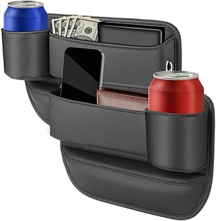 2pcs Leather Car Seat Storage Box with Water Cup Holder, Leather Car Seat Gap Organizer with Storage Pockets for Phone, Keys, Wallet, Sunglasses and Bottles, Prevent Dropping (2, Black)