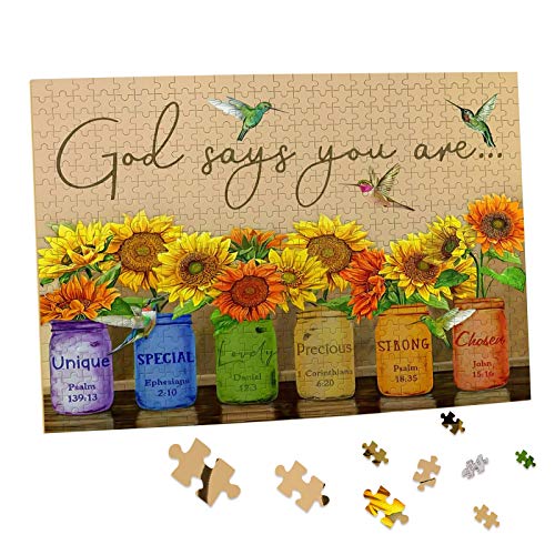 Sunflower Puzzle 1000 Piece Puzzles for Adults - Retro Sunflowers and Farmhouse Yellow Flower Hummingbird Animal Inspirational Wooden Jigsaw Puzzles for Family Activities Games - God Says You are