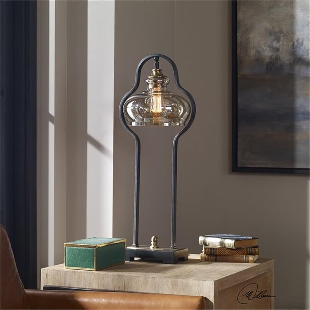 BOWERY HILL Modern Table Lamp, Aged Black and Antique Brass Finish, Metal and Glass, 28.5 in Height, 60W Bulb Included, Curvaceous Design, Amber Shade, Ideal for Living Room, Bedroom or Office