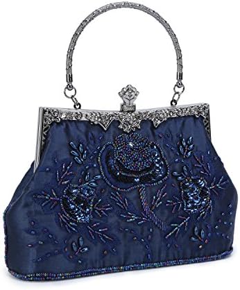 UBORSE Women's Embroidered Beaded Clutch Bag Sequin Evening Navy Blue Large Wedding Party Purse Vintage Bags