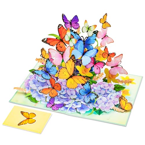 Image of POPWOW Butterflies Pop Up Card, 5x7 Inch 3D Greeting Card with Hydrangeas and Floral Design, for Mother's Day, Birthday, Valentine's Day or Anniversary, Includes Envelope & Note