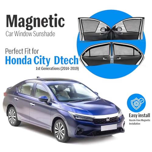 Image of Autofact Magnetic Car Sunshades Compatible with Honda New City (2020 to 2024) (Set of 4) - Easy Installation, UV Protection (Front 2 Half-Cut for Side Mirror Visibility, Rear 2 with Zippers)