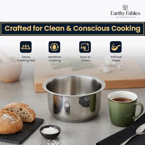 Image of Earthy Fables Stainless Steel Heavy Bottom Tope /Patila /Bhogona /Tapia for Milk, Boiling, Better Nutrition & Heat Distribution, Uses Less Oil & Gas, Stove & Induction Bottom, 20 cm, 3.1L