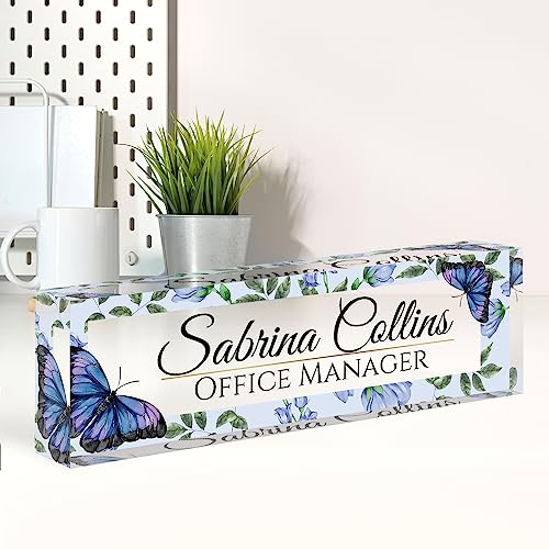 Image of Name Plate for Desk, Desk Name Plate Personalized, Office Decor for Women Men, Acrylic Desktop Accessories, Office Appreciation Gifts for Boss Social Workers Nurse Teacher Employee (Blue Butterfly)