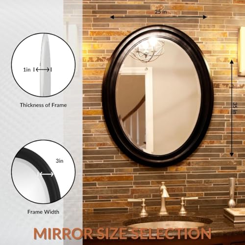 Image of Howard Elliott Collection George Oval Glossy Black Wall Mirror, Oval Bevelled Hanging Wood Framed Vanity Mirrors for Home Decor, Living Room, Bathroom, Bedroom, or Hallway, 25 x 33 Inch
