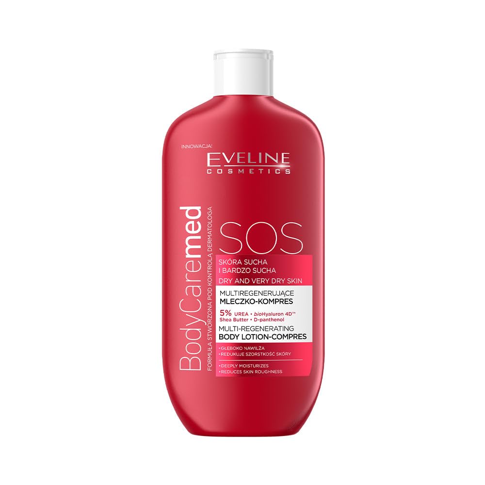 Eveline Cosmetics BodyCare Med+ Advanced Multi-Regenerating Body Milk Compress for Very Dry Skin, Intensive Moisturizing Treatment with bioHyaluron 4D™, Urea & Shea Butter - BodyCare MED+, 350ml