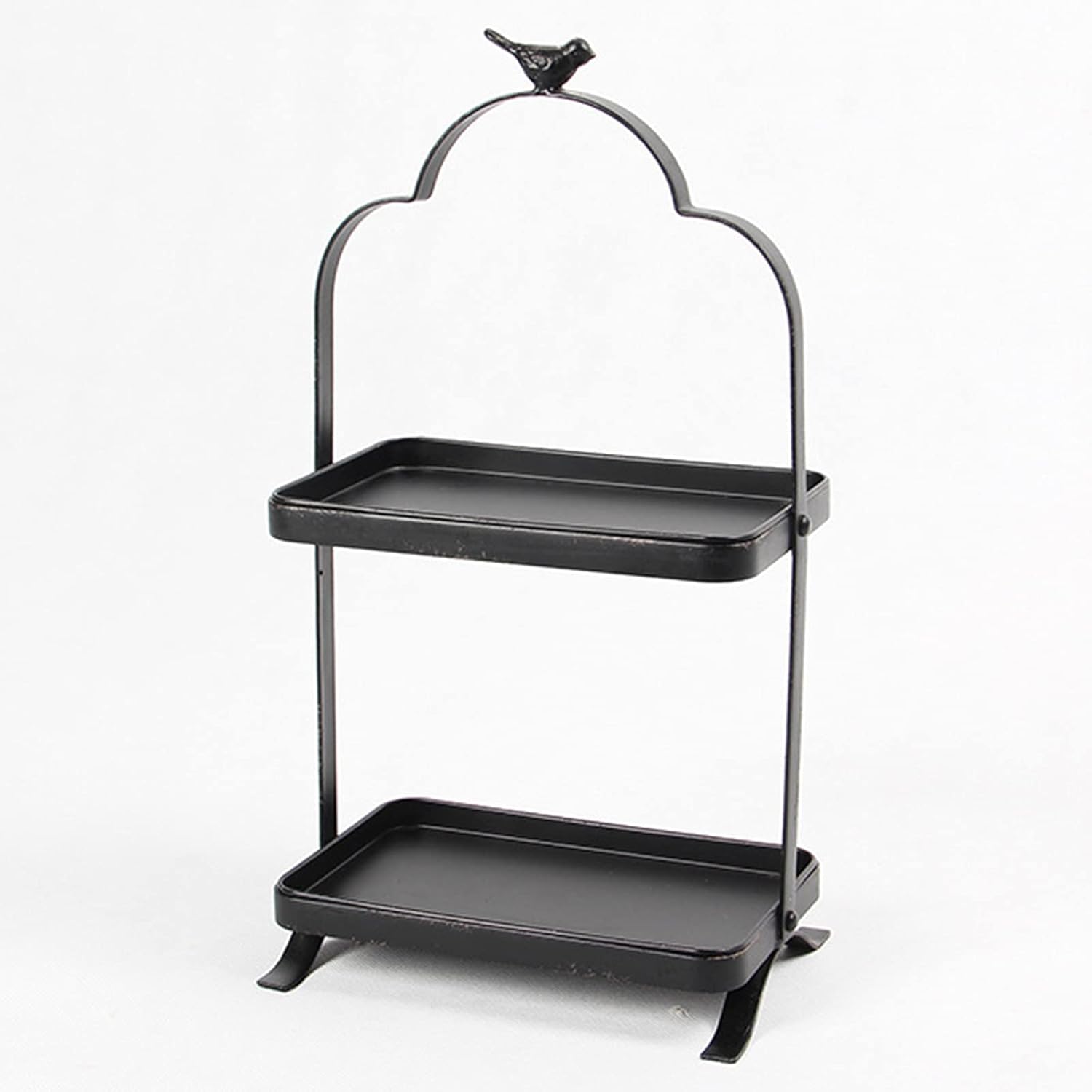 2-Tier Black Decorative Metal Trays with Bird Decor, Distressed Tiered Tray Decor for Home Display Kitchen Dining Bathroom Table Mantle Fireplace Rustic Farmhouse Decor16.5x9x6