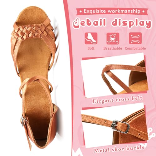 YKXLM Girls Latin Dance Shoes Kids Low Heels Tango Salsa Ballroom Practice Dance Shoes, 1208,Brown, 6.5 M Little Kid3